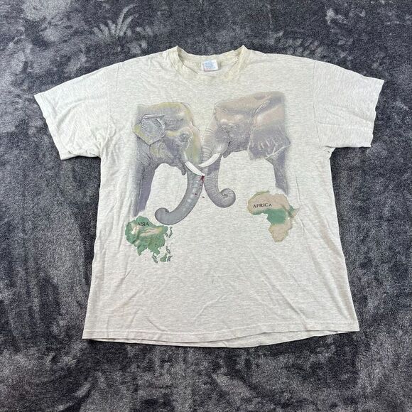 Vtg 1992 Africa Large Elephant Safari AOP T-Shirt Single Stitch Gray L *Read - Picture 1 of 14